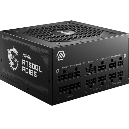 MSI MAG A750GL PCIE5 Power Supply Unit, 750W, 80 Plus Gold, Fully Modular, ATX 3.0, PCIe 5.0 GPU Support, 120mm FDB Fan, Full-Bridge LLC, Flat Black Cables - 7 Year Warranty