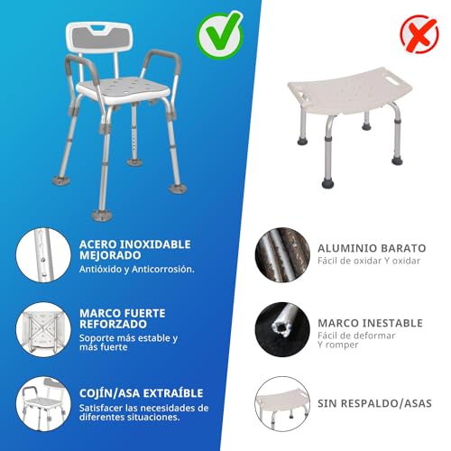 SCHIB Silla de Ducha para Adulto Altura Ajustable, Silla para Baño, Carga Máxima de 150 kg, con Brazos Extraíbles, para Personas Mayores, Mujeres Embarazadas, Lesión en Una Pierna