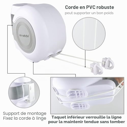 Hoxsury Retractable Clothes Line Space Saving Adjustable Rope Easy Installation Indoor Outdoor 30m Invisible Extension Cable for Balcony/Porch/Garden White