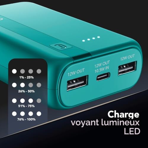 Batterie Externe Cellularline 10000 mAh avec USB-C in/Out + 2 Ports USB-A – Recharge Multiple et témoin LED – Bleu