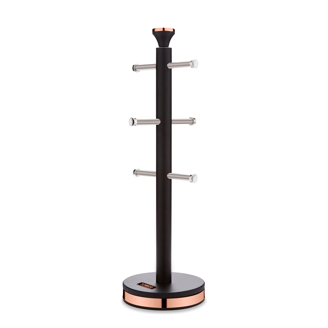 Tower T826132BLK Cavaletto Mug Tree with Stainless Steel Stoppers, Soft Underliner, Black and Rose Gold