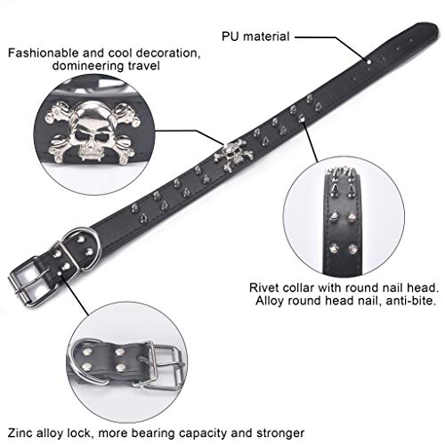 Spiked Leather Dog Collar, Adjustable Cool Skull Pet Collars, 2 Rows Bullet Rivets Studded PU