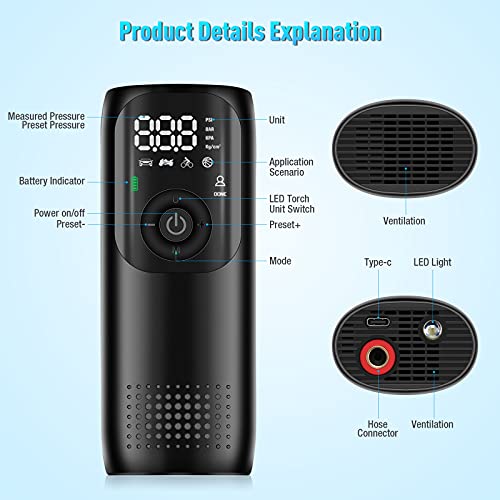 Fufly Smart Mini Tire Inflator LP2 for Car Bike Motorcycle Balls and Other Inflatables 150PSI Electric Bike Pump Portable with 2000mAh Lithium Battery Digital Display LED Light Auto Shut Off