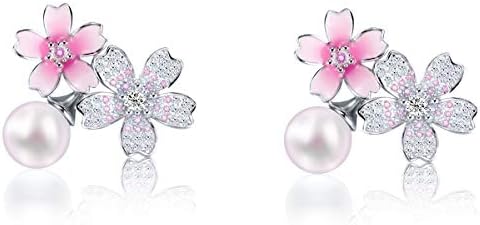 Umiwe Black Friday Cyber Monday Pearl Earrings, Women’s, Popular, Adult, Cute, Cherry Blossoms, Japanese Style, Freshwater Pearl, 925 Sterling Silver, Metal Allergy-Compatible, Accessory, Birthday Gift, Women’s Jewelry, Includes Exclusive Box (Pink, Cherry Blossom