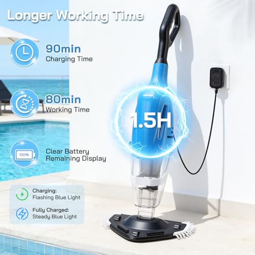 Wireless Pool Vacuum Cleaner, Dual Mode with 31 cm Triangle Brush & Crevice Nozzle, Automatic Immersion Start, 80 min Autonomy, Telescopic Rod 139-199 cm