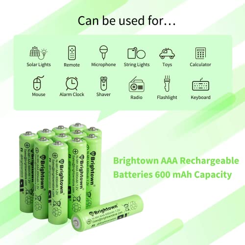 12Pack Rechargeable AAA Batteries Pre Charged, NiMH 1.2V 600mAh Triple A Solar Batteries for