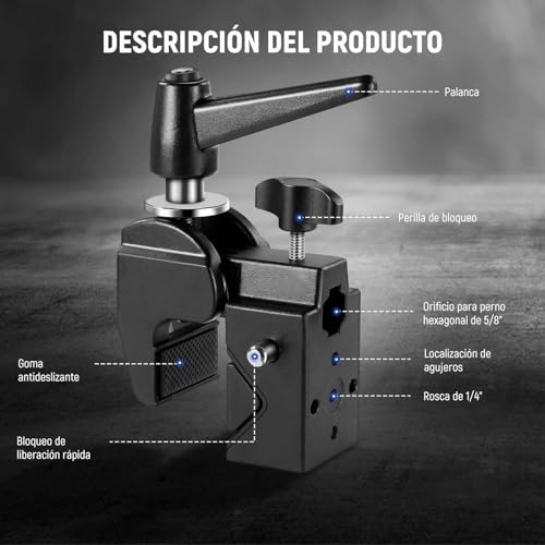 Neewer - Paquete de 2 súper Abrazaderas con Tornillo de 5/8 Pulgadas, Bloqueo de Resorte, Agarre de mandíbula de 2.4 Pulgadas, Abrazadera de Poste de Cangrejo Resistente para Superficie Plana de Tubo