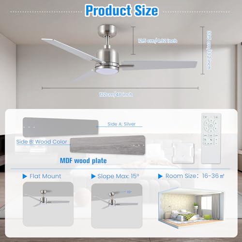 Newday Ceiling Fan, Silver and Wood, 48 Inch Ceiling Fan with Dimmable Light and Silent Remote Control, Reversible Ceiling Fan, 3 Ceiling Pales with 3 Timer 6 Speeds