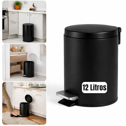 Lixeira com Pedal 12 Litros em Aço Inox, Cesto Interno Removível, Tampa Basculante, Alça para Transporte, Lixeira para Banheiro, Cozinha e Lavabo – Preto, Branco ou Inox