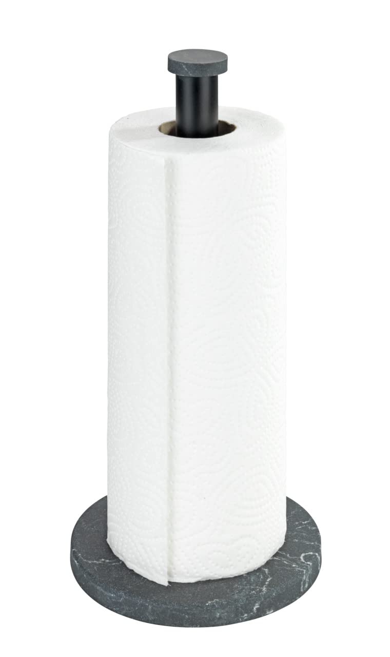 WENKO Kitchen roll holder marble, kitchen roll holder in elegant marble look for the kitchen, with base made of plastic and black bar made of metal, (W/D x H): Ø 15 x 32 cm, black