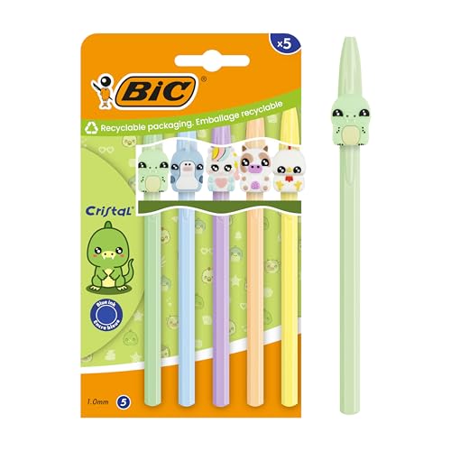 BIC Cristal Pastel Figurines Ball Pens Medium Point (1.00 mm) Blue Ink - 5 Assorted Characters and Barrel Colours, Cardboard Pack of 5