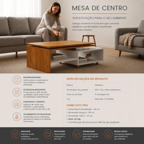 Mesa de Centro Lima multiuso para Sala de Estar com Nicho Organizador e Prateleira Decorativa – Design Moderno e Funcional.