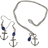 Anchor Necklace & Earring Set with Dark Blue Crystal Accent Beads on Sterling Silver Earwires