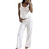 Ninimour Women 2 Piece Pajama Set Sleeveless Tank Top and Long Pants Floral U-Neck Bowknot Ruffle Sleepwear Lounge Set