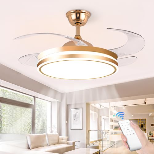 Ventilador de Teto 107CM Dourado, Inverter de 6 Velocidades, Ventilador de Teto com Controle Remoto, 4 Pás, Diâmetro da Lâmpada 49cm, Controle Remoto, LED 72W 3 Cores Altermáveis