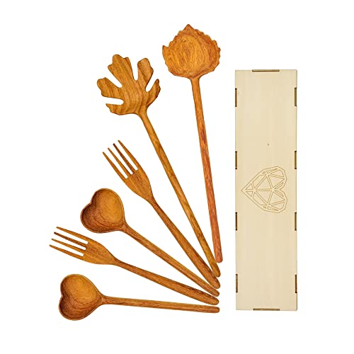 JABIHOME Handmade Wooden Forks and Spoons Set (6pcs), Christmas Gifts for Mom, Wooden Heart-Shaped Spoons, Kitchen Gifts for Mom, Wedding Gifts for Couple, New Year Gifts for Girlfriend