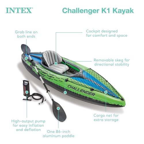INTEX Challenger Inflatable Kayak Series: Includes Deluxe 86in Kayak Paddles and High-Output Pump – SuperStrong PVC – Adjustable Seat with Backrest – Removable Skeg – Cargo Storage Net
