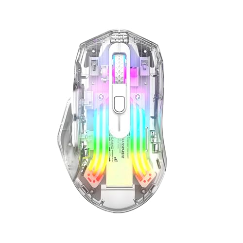 HXMJ-Wireless Gaming Mice with Transparent Crystal Shell,Tri-Modes (USB Wired+2.4G Wireless+Bluetooth),Silent Click,RGB Backlit-White