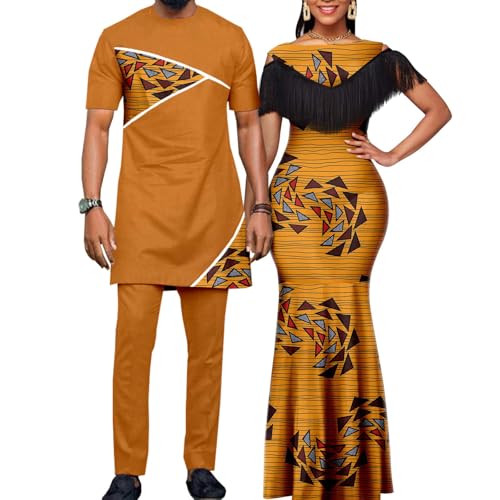 SkyWish African Print Tassel Mermaid Long Dresses for Women Matching Couple Outfits Dashiki Men Clothes Shirt and Pant Sets