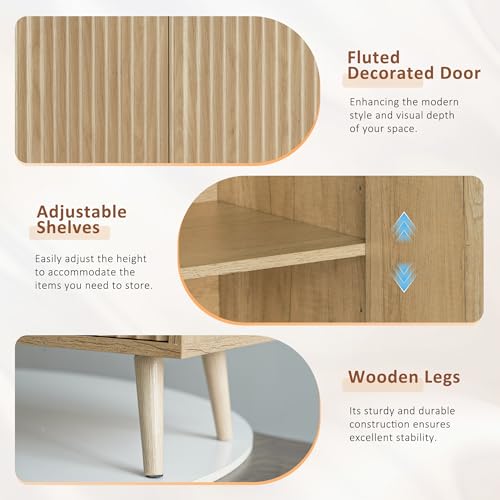 LYNCOHOME Fluted Sideboard Cabinet, Buffet Cabinet with 4 Doors, Kitchen Storage Cabinet with Solid Wood Feet for Kitchen, Dining Room, Hallway, Nature