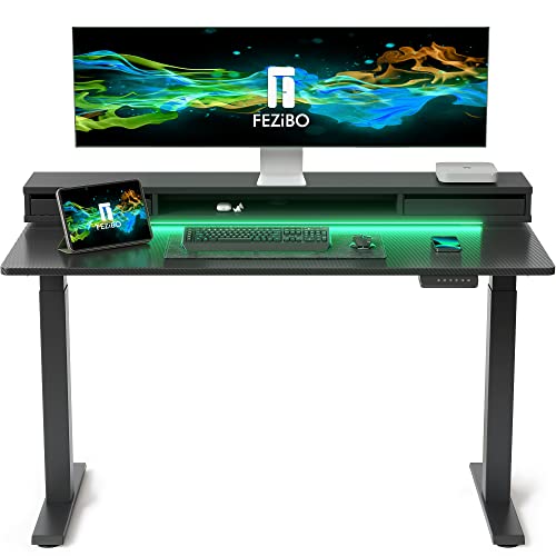 FEZIBO 55 x 25 Inch Height Adjustable Electric Standing Desk with Double Drawers, Stand Up Desk with LED Strips, Sit Stand Desk with Monitor Stand, Blcak