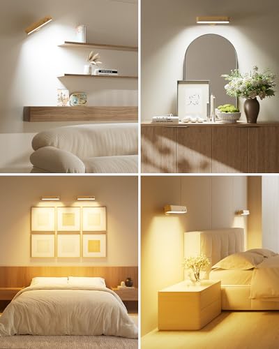Lampara de Pared Recargable Inalambrica, Juego de 2 Apliques de Pared LED con Control Remoto, Luz RGB 15 Colores, 3 CCT Regulable, Rotación Magnética 360°, Lamparas de Pared Interior de Madera
