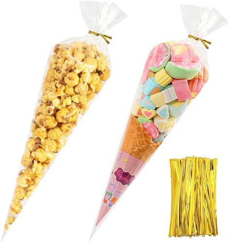 SUREHOME Cone Shaped Treat Bags Bulk 100 Pcs 7 x 15 In Clear Cellophane Bags with Ties Individual Triangle Popcorn Bag Plastic Cone Bag for Treats Gift Giving Party Favor Candy Snack Wraps