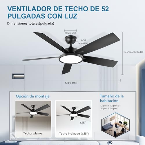 Ohniyou ventilador de techo con luces y mando a distancia, 6 velocidades, motor DC reversible, luz regulable, 52 pulgadas Negro ventilador de techo moderno luz para dormitorio patio oficina