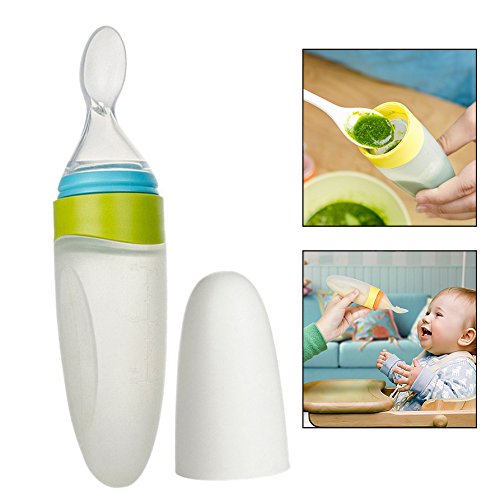 Itian 90ml Silicone Squeeze Bottle Baby Food Dispensing Spoon The Bottle Squeeze Feeder with a Spoon Newborn Toddler Infant Food Supplement (Green)
