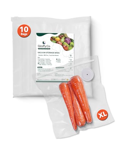 Giraffy Co. Reusable Vacuum Sealer Bags for Food, XL 10 Pack (33 x 38 cm / 13 x 15 in) – BPA‐Free, Leak‐Proof Zip Bags with Air Valve, Freezer & Sous Vide Safe, Works with Handheld Sealers