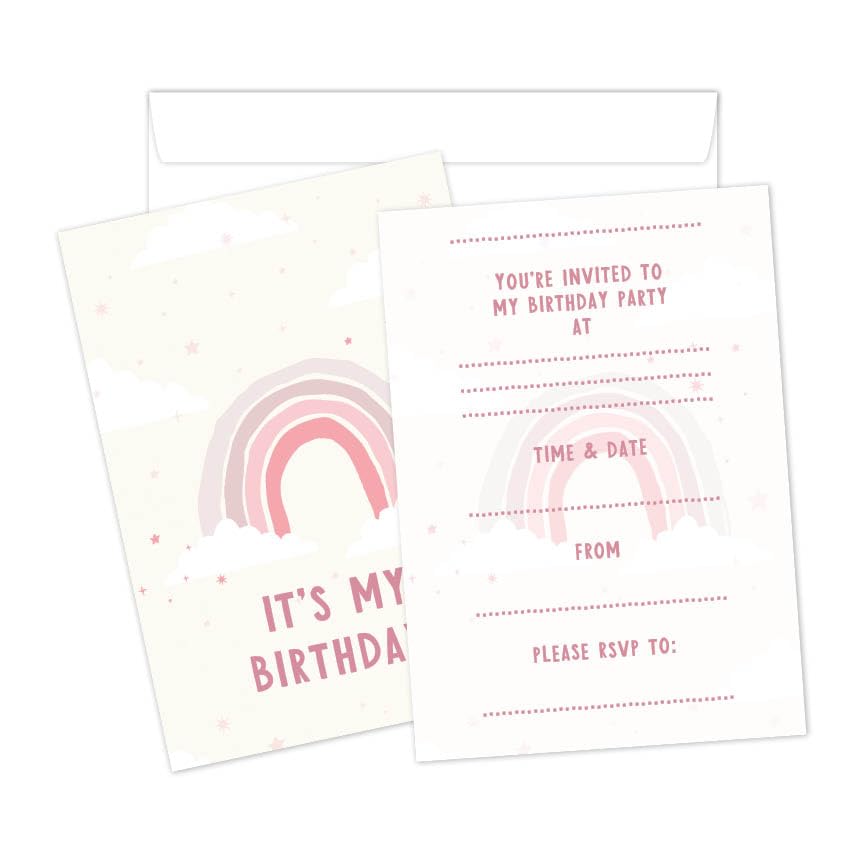 Manta Makes 20 x Pink rainbow birthday invitations for girls, party invites for girls birthday party, pink party invitations for kids (20 Invites and envelopes)