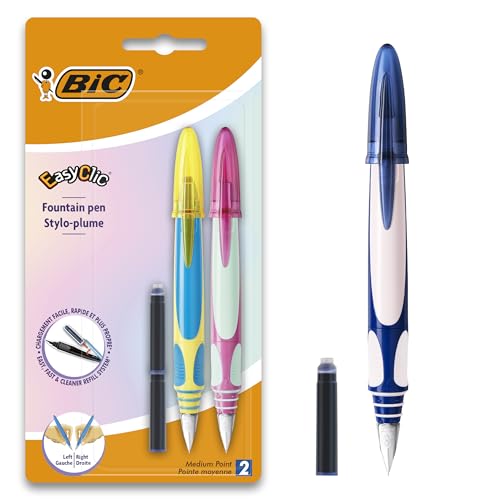 BIC EasyClic Assorted Colour Fountain Pens (Pack of 2), Blue,Green,Red,Pink