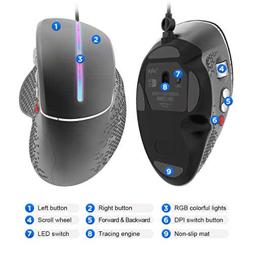 INPHIC Ratón Gaming con Cable, Desplazamiento Lateral y diseño ergonómico Vertical, Ratones para Juegos de computadora USB óptico programable, 1200-4800 dpi Ajustable, retroiluminación 7 RGB, Negro