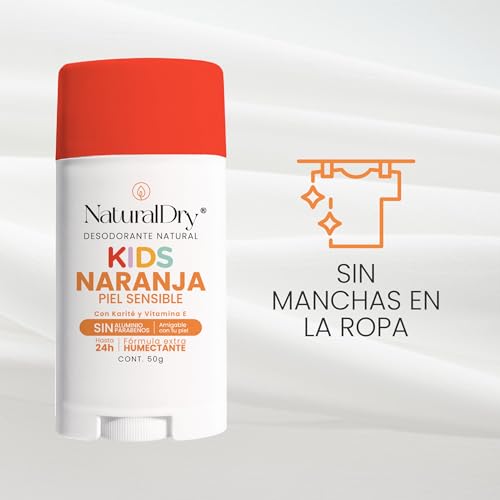 Naturaldry - 2 desodorantes infantiles Kids SIN BICARBONATO DE SODIO unisex Natural ideales para pieles sensibles - No obstruye los poros - SIN ALUMINIO - Sin parabenos - Aroma Naranja para niños y niñas - En Barra