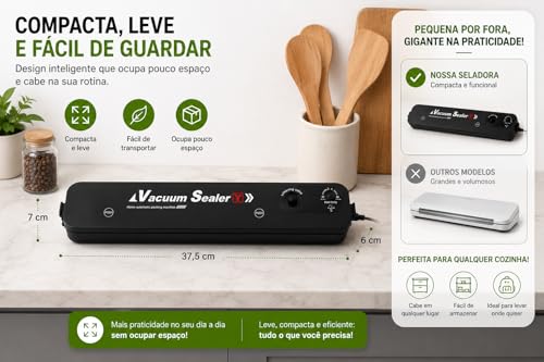 Seladora a Vácuo para Alimentos Vacuum Sealer, Máquina Compacta Automática para Embalar Carnes, Legumes, Frutas, Grãos e Porções para Geladeira e Freezer