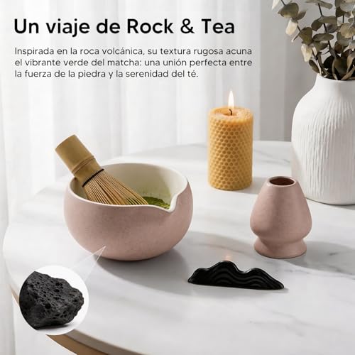 Kit de Té Matcha Tradicional, Juego de Té Matcha 8 Piezas – Tazón de Cerámica Artesanal, Batidor de Bambú, Soporte y Cuchara Kit Completo para Ceremonia de Té Japonesa en Casa (gris)