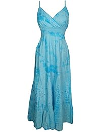 Jamie Womens Maxi Dress Floral Embroidered Flare Spaghetti Strap Cotton Bohemian Sexy Summer Dresses (Blue)