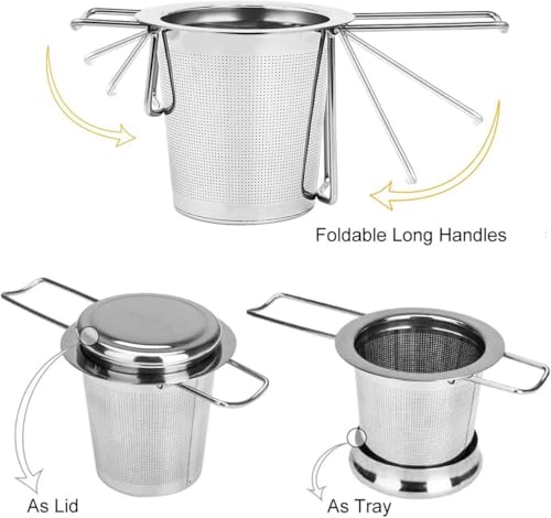 HAUSPROFI Tea Infuser, 304 Stainless Steel Tea Strainer with Lid and Foldable Handle, Tea Filter for Teapots Cups Mugs to Brewing Steeping Loose Leaf, 1 Pack