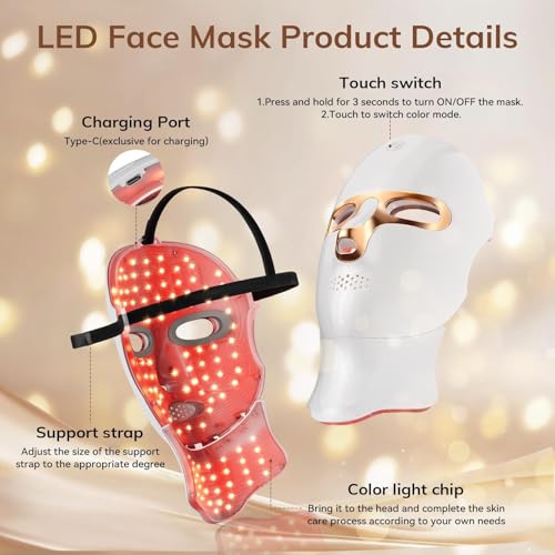 ONLUKY Red Light Therapy Mask for Face - Cordless LED Light Therapy Mask with 7 Colors, USB-C Rechargeable, Infrared & Near-Infrared for Skin Care, Home, Travel, Yoga, Sleep (gold)