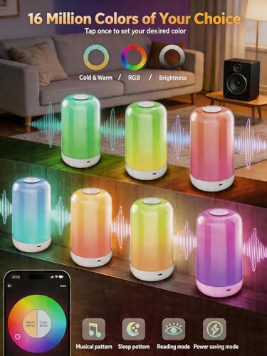 Smart Bedside Touch Table Lamp, App Control & Color Changing, Rechargeable Cordless LED Night Light, 3600mAh Battery, RGB Dimmable for Kids Bedroom, Nursery, Living Room, Desk, Ramadan Decor Gift