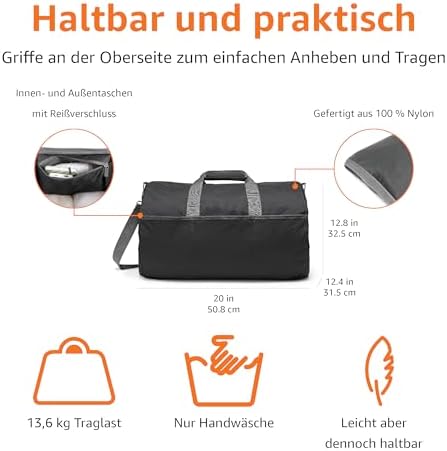 50,8cm große Faltbare Nylontasche für Reisen/Aufbewahrung mit Reißverschlusstaschen, 13,6 kg Kapazität, Schwarz