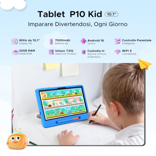 Easerush P10 Kid Tablet with Pen Silicone Case, Blue | 10 Inch Tablet with 32GB RAM+64GB ROM Tablet for Children, 90Hz Android Tablet 16 & Gemini AI, 7000mAhT310/5G WiFi/8MP+5MP