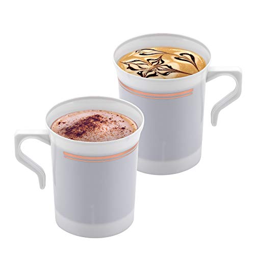 50 Heavyweight Disposable Plastic 8 oz. Coffee Mugs with Rose Gold Trim