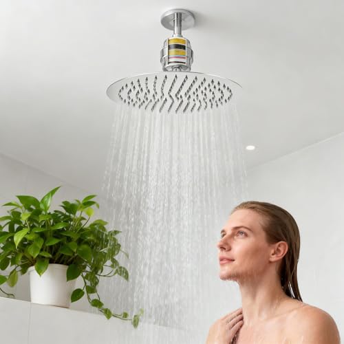 Voolan Rain Shower Head and Shower Filter Set, High Pressure Shower Heads Made of Stainless Steel, Filter Cartridge for Hard Water (20 cm, Circular)