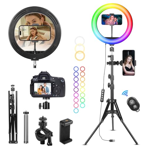 KOSCHEAL Light Ring with Tripod,Selfie Ring Light 10” Adjustable 1.8m and 37 Modes RGB Colors,Adjustable for Selfie,Makeup,Tiktok,Smartphone Compatible