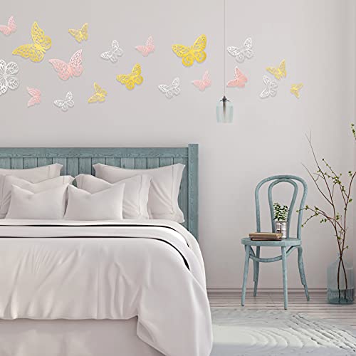 Butterfly Wall Decor, 84PCS 3D Butterfly Decorations Stickers for Crafts Walls Cakes with Dotted Glue (Gold, Rose Gold and Silver)
