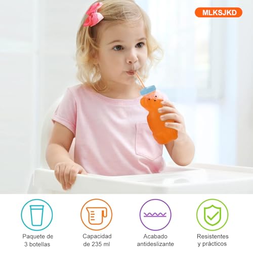 Vaso con popote para bebe 3 Piezas, vaso entrenador con popote, botellas en forma de oso, con cepillo para limpiar paja, grado alimenticio, sin BPA (Rosa + Púrpura + Azul)