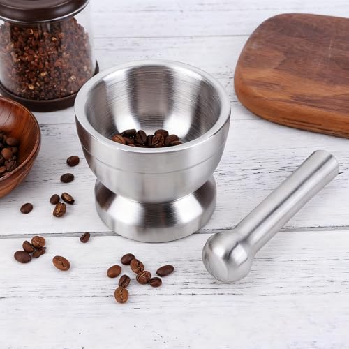 Pilao de Inox com Socador para Cozinha, com Tampa à Prova de Respingos e Base Antiderrapante, Inox 18/10, não Altera o Sabor Dos Alimentos, Perfeito para Geleia, Especiarias e Alho, Fácil de Limpar