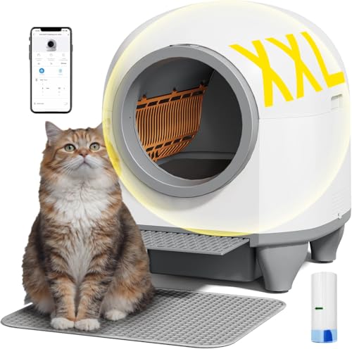 VICTONE Automatic Self-Cleaning Litter Box, 90L Large Capacity for Multiple Cats - App Contro, Self Cleaning with Safety Protection, Includes 1 Garbage Bags, Mat (Light White)