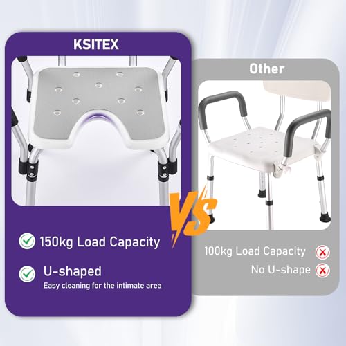 KSITEX Shower Chair for Elderly U 6 Height Adjustable Stool Armrests, Aluminium Bathtub Chair with Non-Slip Seat for Indoor Shower, Non-Slip Safety up to 150 kg